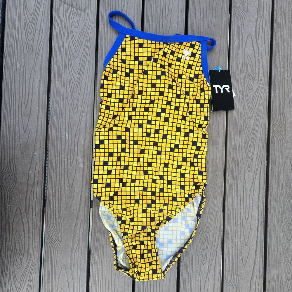 TYR DuraFast Team Check DiamondFit 1 pc Swimsuit Yellow/black Sz 30 New